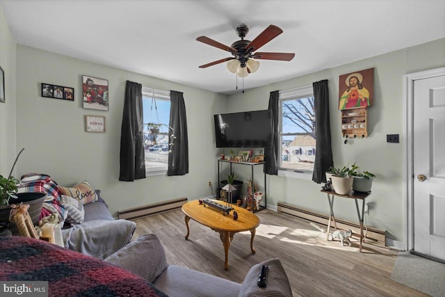 living room with ceiling fan, a baseboard radiator, and light hardwood / wood-style floors