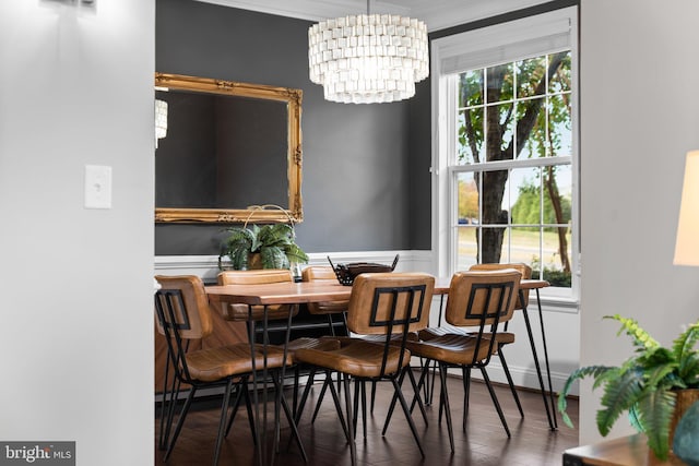 dining room with dark hardwood / wood-style flooring and a notable chandelier