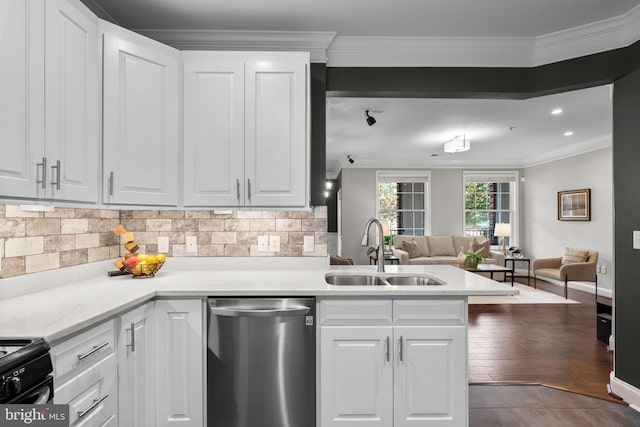 kitchen featuring white cabinetry, dishwasher, sink, backsplash, and crown molding