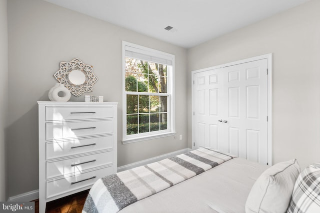 bedroom featuring dark wood-type flooring and a closet