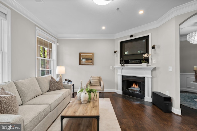 living room featuring ornamental molding and dark hardwood / wood-style floors