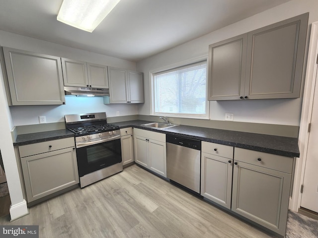 kitchen featuring stainless steel appliances, dark countertops, gray cabinetry, a sink, and under cabinet range hood