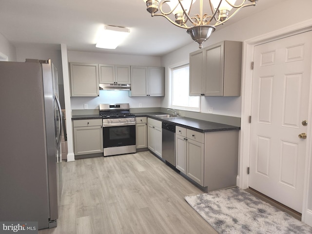 kitchen with light wood finished floors, dark countertops, gray cabinets, appliances with stainless steel finishes, and a sink