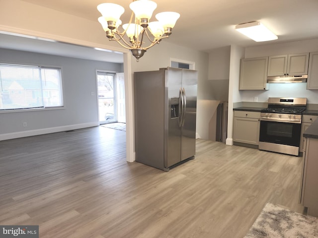 kitchen featuring pendant lighting, dark countertops, appliances with stainless steel finishes, wood finished floors, and under cabinet range hood