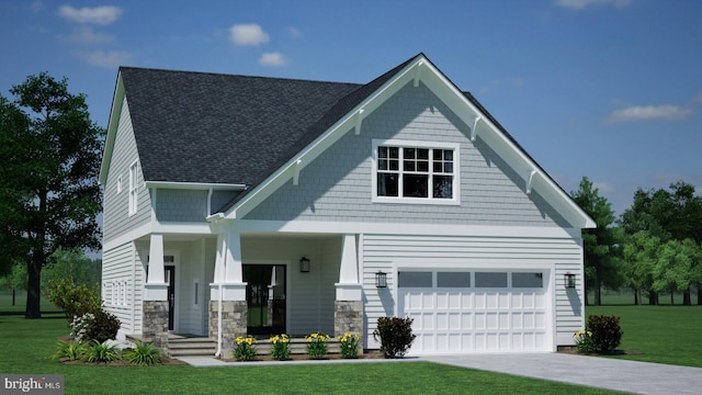 craftsman inspired home with a garage, covered porch, and a front lawn