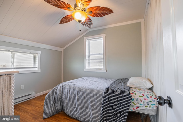 bedroom with lofted ceiling, hardwood / wood-style flooring, a baseboard heating unit, ceiling fan, and crown molding