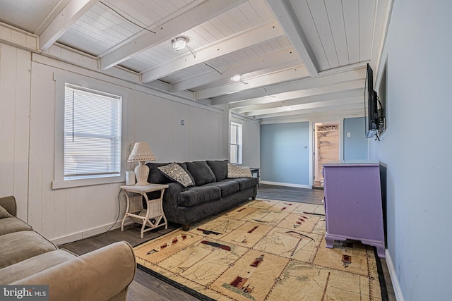 living room with hardwood / wood-style floors, wooden walls, and beamed ceiling