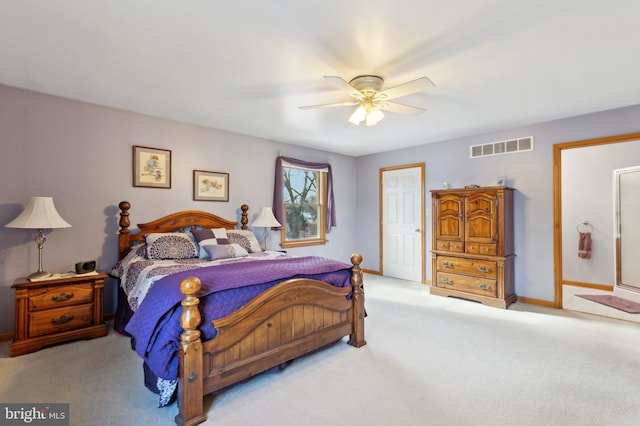 bedroom with light carpet and ceiling fan