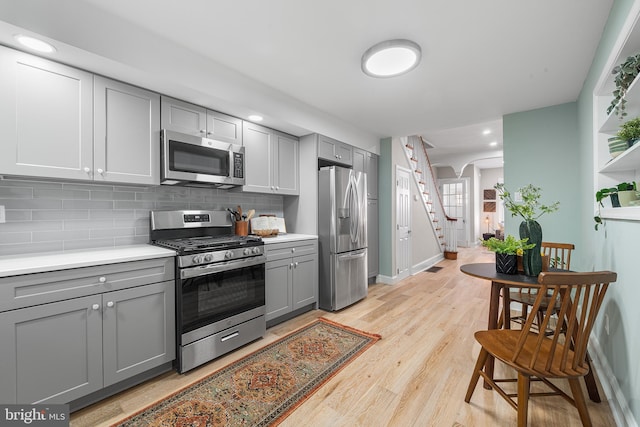 kitchen with backsplash, appliances with stainless steel finishes, gray cabinets, and light wood-type flooring