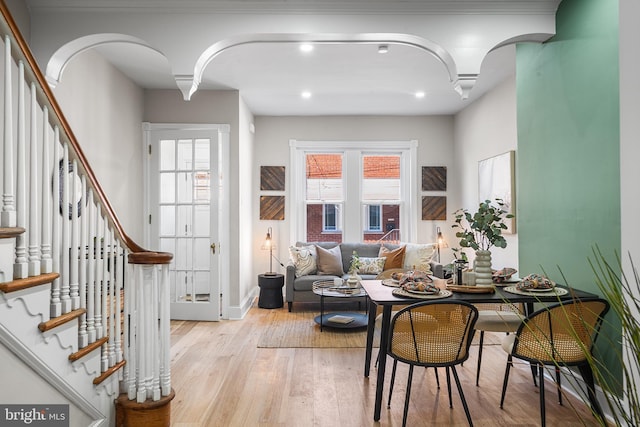 dining space featuring a wealth of natural light and light hardwood / wood-style flooring