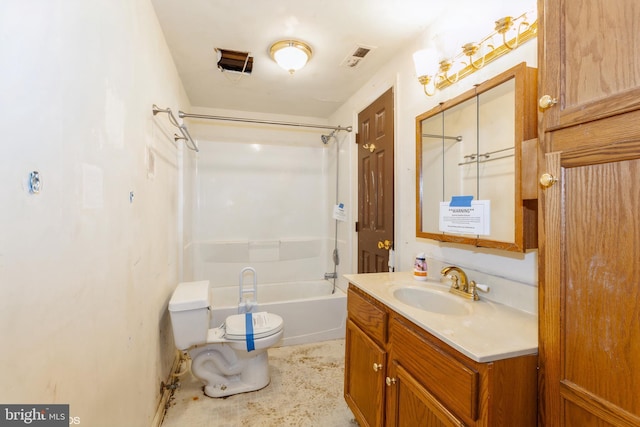 full bathroom with vanity, bathtub / shower combination, and toilet