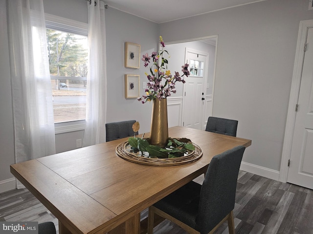 dining space featuring dark wood-type flooring