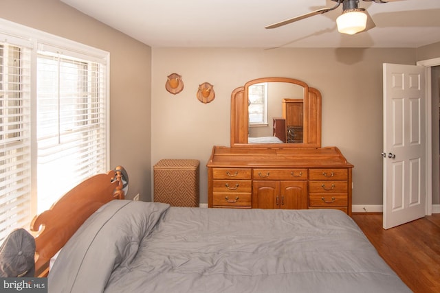 bedroom with multiple windows, hardwood / wood-style flooring, and ceiling fan