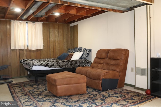 sitting room with wooden walls