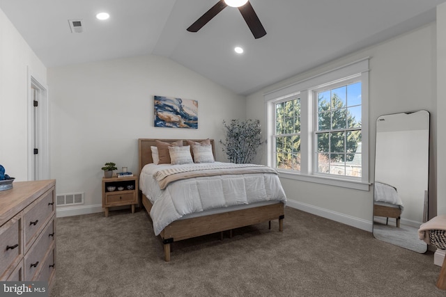 carpeted bedroom featuring ceiling fan and lofted ceiling