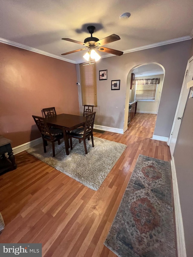 dining space with crown molding, ceiling fan, and hardwood / wood-style floors