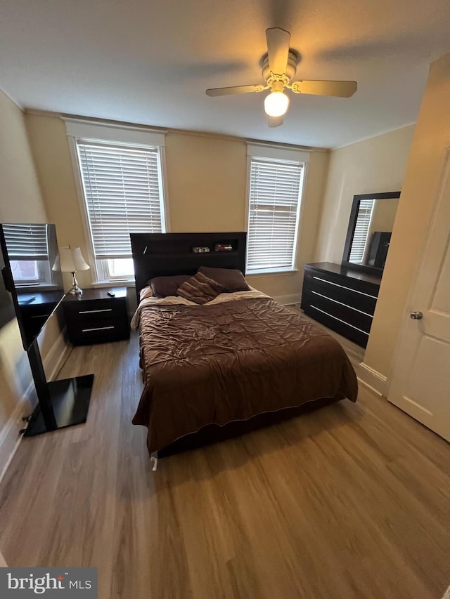 bedroom featuring ceiling fan and hardwood / wood-style floors