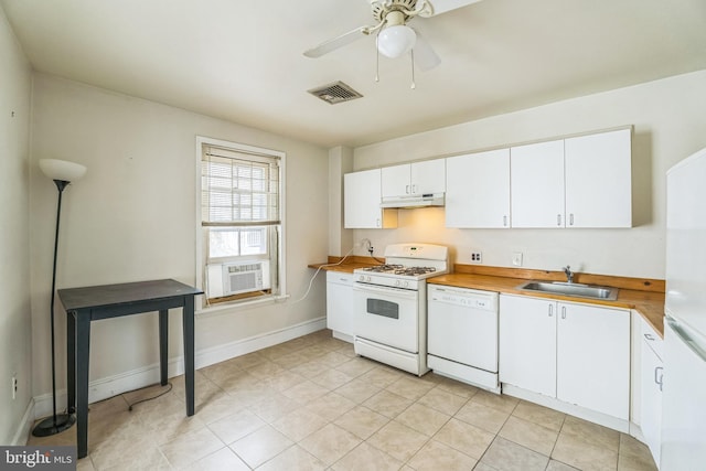 kitchen featuring white cabinetry, white appliances, ceiling fan, and sink