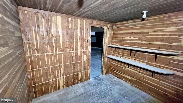 interior space with wooden ceiling and wood walls