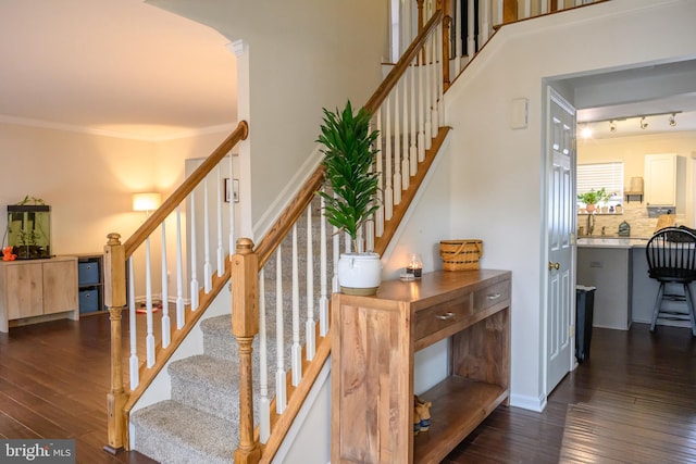 staircase with crown molding and wood-type flooring