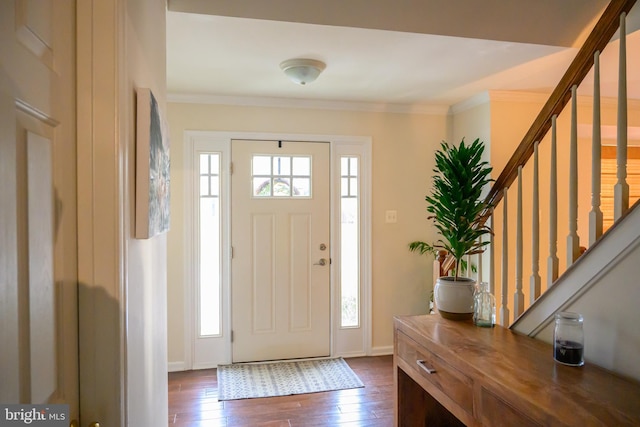 foyer entrance with crown molding and dark wood-type flooring