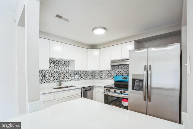 kitchen featuring white cabinetry, stainless steel appliances, sink, and decorative backsplash