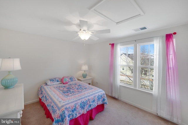 carpeted bedroom featuring ceiling fan