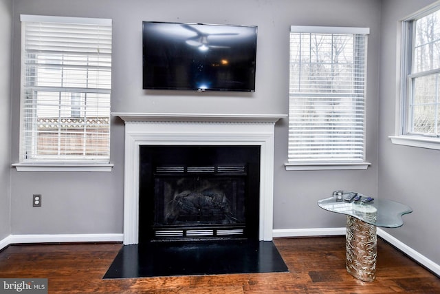 interior details featuring a fireplace with flush hearth, baseboards, and wood finished floors