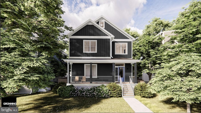 view of front of property featuring a porch, a front yard, and board and batten siding