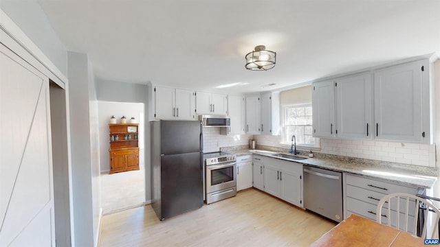 kitchen featuring sink, backsplash, stainless steel appliances, and light wood-type flooring