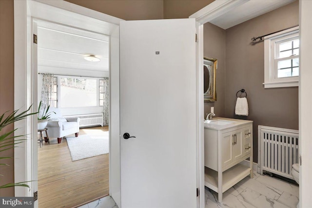 bathroom featuring a healthy amount of sunlight, radiator, and vanity