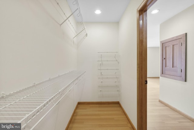 spacious closet featuring light hardwood / wood-style floors