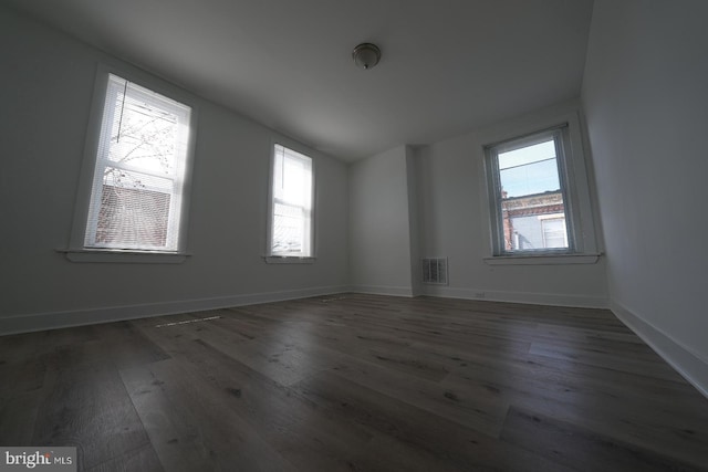 unfurnished room featuring a healthy amount of sunlight and dark wood-type flooring