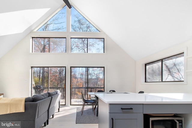 home office with light hardwood / wood-style flooring and high vaulted ceiling