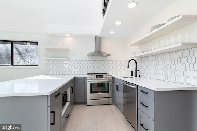 kitchen with wall chimney exhaust hood, sink, appliances with stainless steel finishes, gray cabinets, and light hardwood / wood-style floors