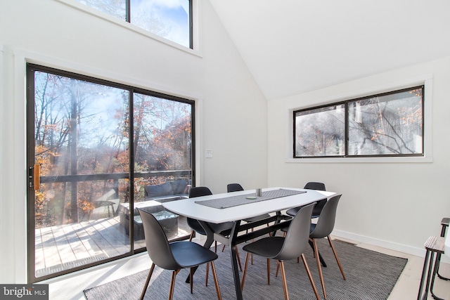 dining room featuring high vaulted ceiling