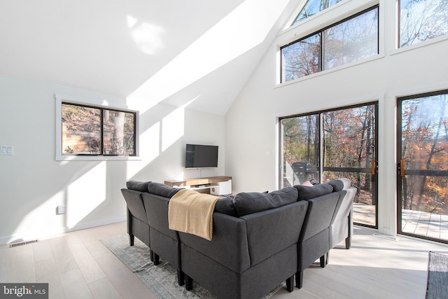 living room featuring light hardwood / wood-style flooring and a high ceiling