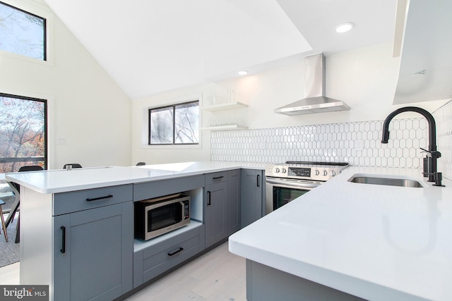 kitchen featuring lofted ceiling, sink, kitchen peninsula, stainless steel appliances, and wall chimney range hood