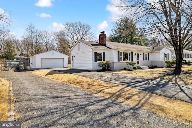 single story home featuring an outdoor structure, a chimney, a detached garage, and fence