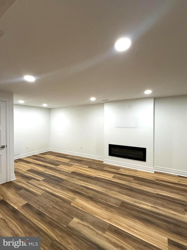 basement featuring dark hardwood / wood-style floors