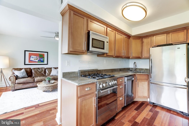 kitchen featuring dark stone countertops, appliances with stainless steel finishes, sink, and dark wood-type flooring