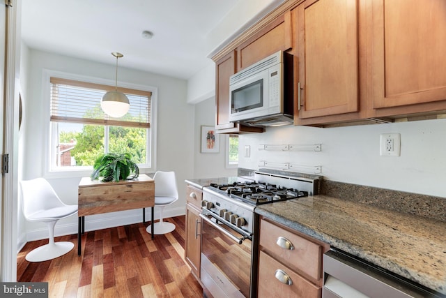 kitchen with stainless steel appliances, stone countertops, pendant lighting, and dark hardwood / wood-style floors