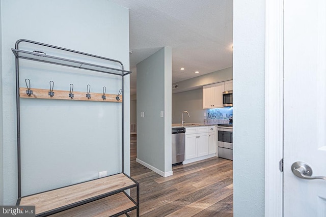 mudroom with sink and dark hardwood / wood-style floors