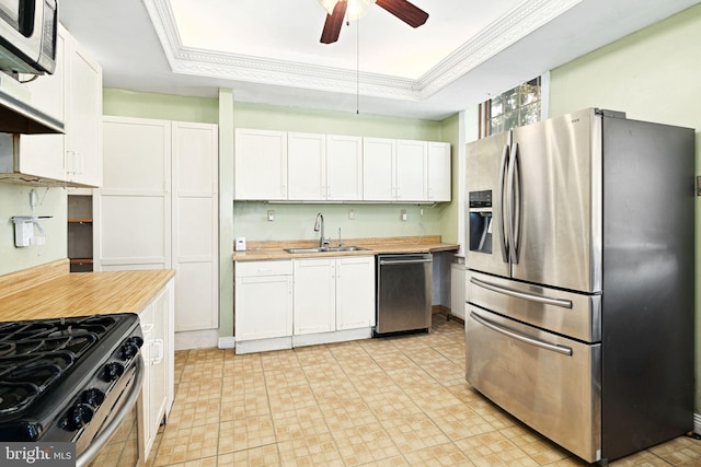 kitchen with appliances with stainless steel finishes, a raised ceiling, white cabinetry, and a sink