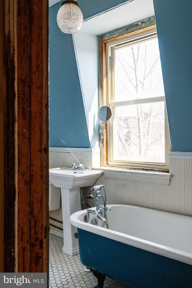 full bath with a freestanding tub, a wainscoted wall, and a sink