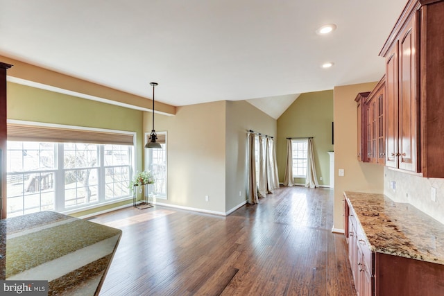 kitchen featuring a healthy amount of sunlight, dark wood finished floors, glass insert cabinets, and light stone countertops