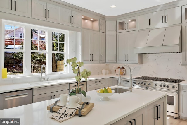 kitchen with sink, decorative backsplash, stainless steel appliances, a healthy amount of sunlight, and custom range hood