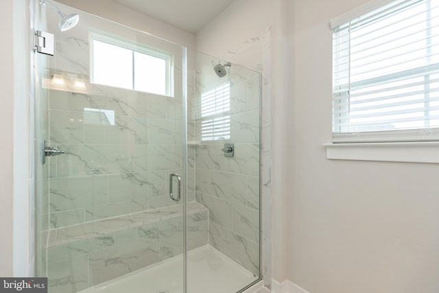 bathroom with plenty of natural light and a shower with shower door