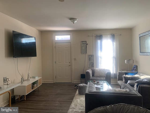 living room with dark hardwood / wood-style flooring