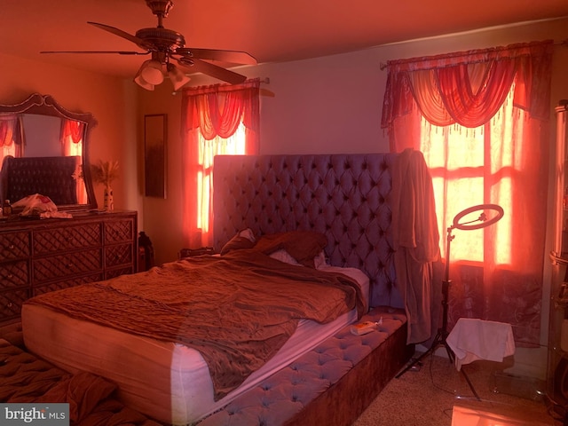 bedroom with ceiling fan and carpet flooring